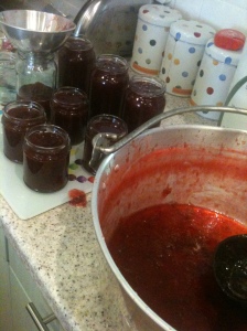 Putting the strawberry and gooseberry jam into warmed jars